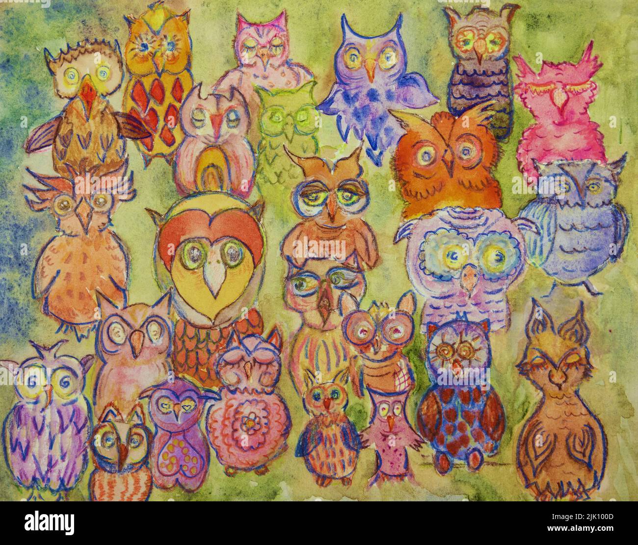 All different whimsical owls. The dabbing technique near the edges gives a soft focus effect due to the altered surface roughness of the paper. Stock Photo