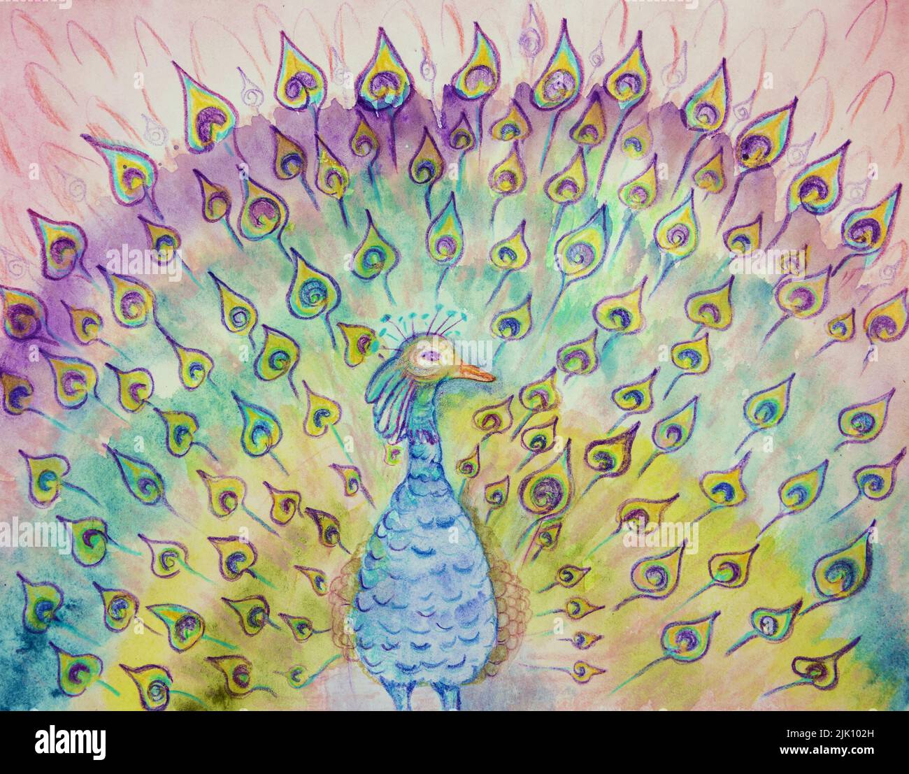 Blue peacock with a lot of whimsical feathers. The dabbing technique near the edges gives a soft focus effect due to the altered surface roughness of Stock Photo