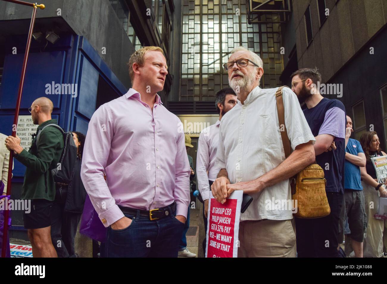 London, UK. 29th July, 2022. Sacked Labour MP Sam Tarry and Labour MP Jeremy Corbyn join the CWU (Communication Workers Union) strike picket outside BT Tower. Thousands of BT and Openreach workers have staged walkouts over pay. Credit: Vuk Valcic/Alamy Live News Stock Photo