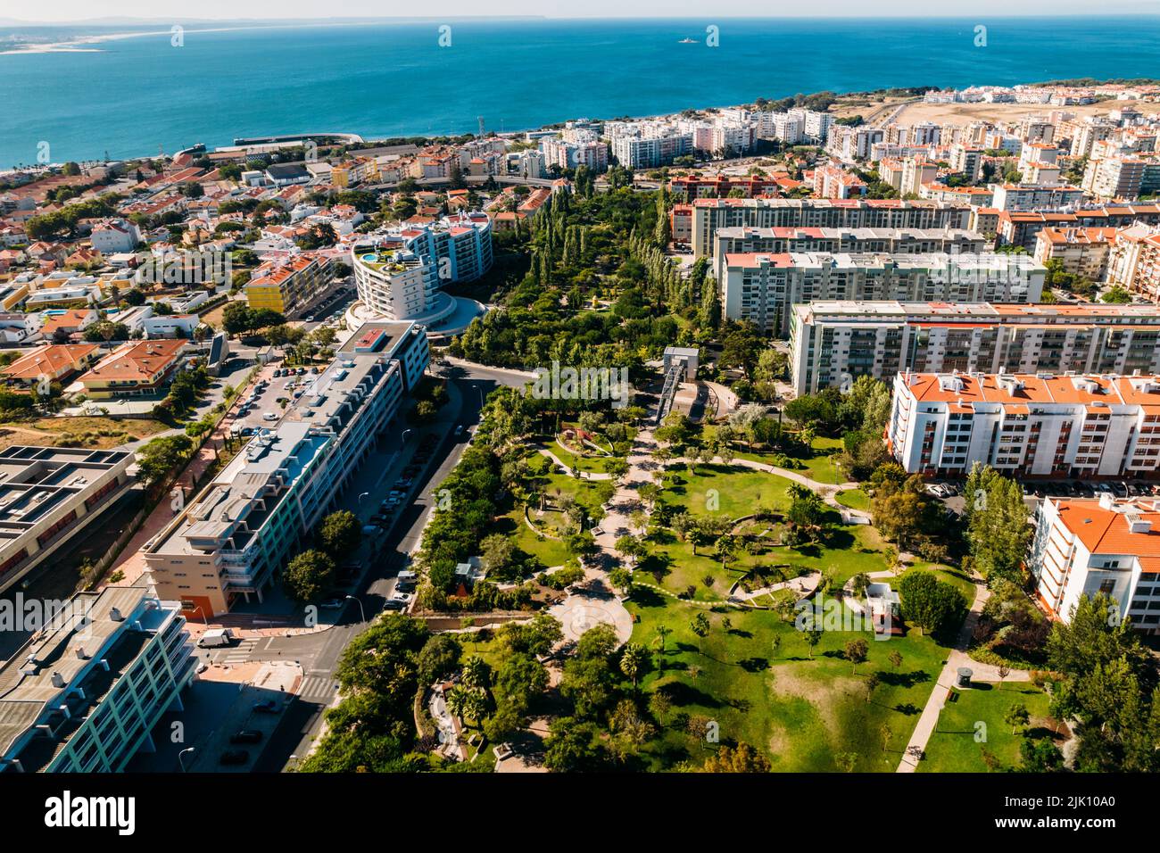Lisbon, Portugal - July 29, 2022: Aerial drone view of Parque dos Poetas in Oerias, translated to Poet's Park Stock Photo