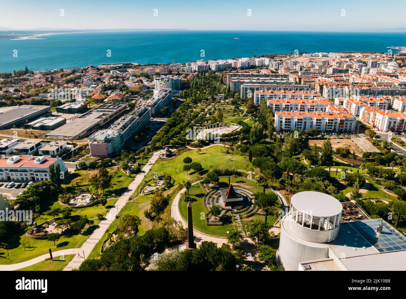 Lisbon, Portugal - July 29, 2022: Aerial drone view of Parque dos Poetas in Oerias, translated to Poet's Park Stock Photo