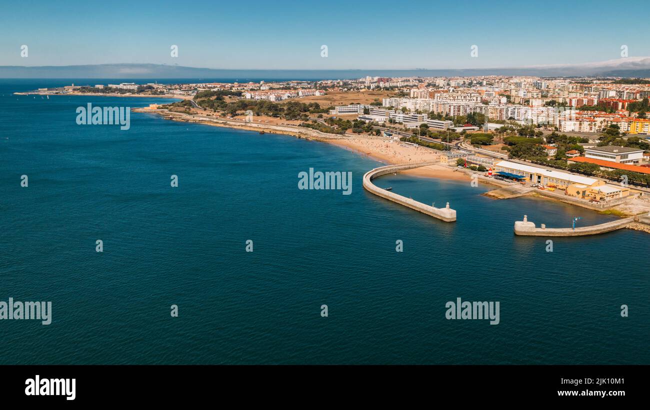 Aerial View of Praia Velha which means Old Beach at Paco de Arcos bay in Oerias, Lisbon Region, Portugal Stock Photo