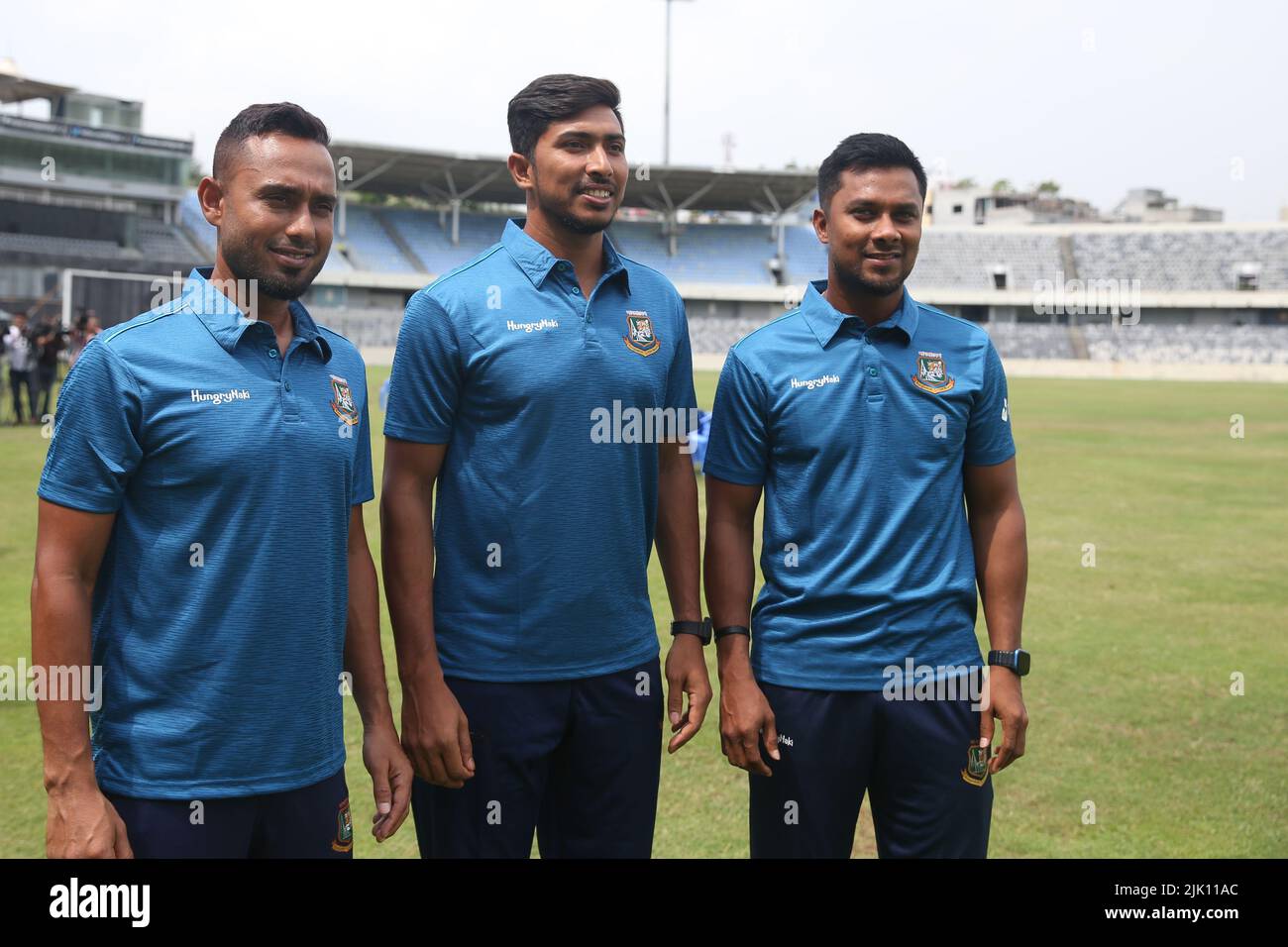 From Left A Team Captain Mohammad Mithun, Soumya Sarkar and Sabbir Hossain at SBNCS, Mirpur, Dhakak, Bangkadesh Stock Photo
