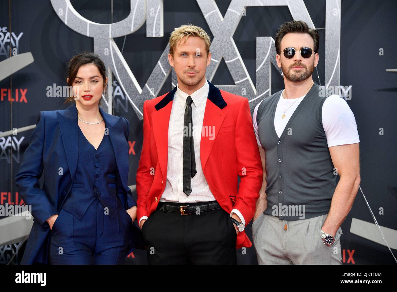 Ana De Armas, Ryan Gosling and Chris Evans attend the 'The Gray Man' Netflix Special Screening at Zoo Palast on July 18, 2022 in Berlin, Germany. Stock Photo