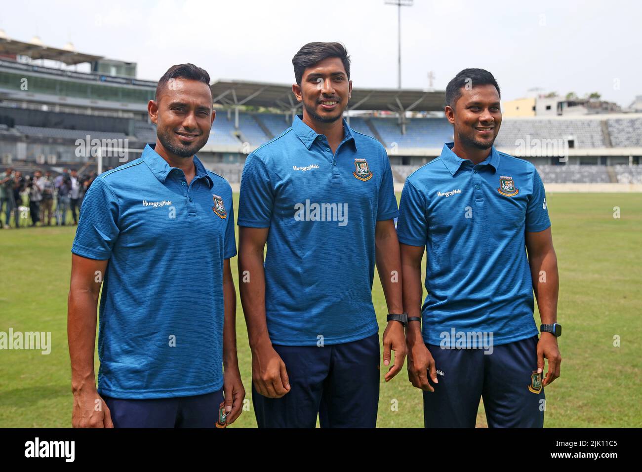 From Left A Team Captain Mohammad Mithun, Soumya Sarkar and Sabbir Hossain at SBNCS, Mirpur, Dhakak, Bangkadesh Stock Photo
