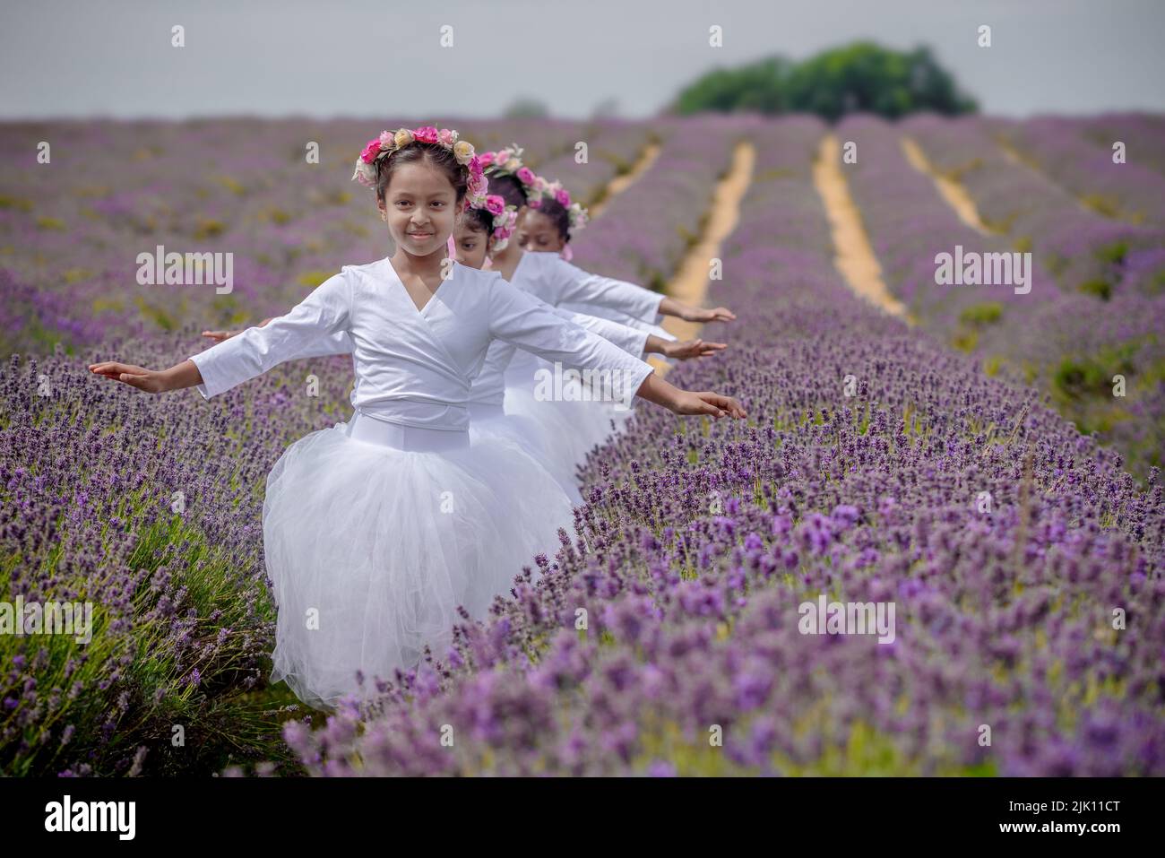 Banstead, Surrey, UK. 29th July, 2022. UK Weather: Young dancers from Grace & Poise Academy, Muslim Ballet School, enjoy the sunny rows of organic lavender in Surrey just prior to harvesting. Credit: Guy Corbishley/Alamy Live News Stock Photo