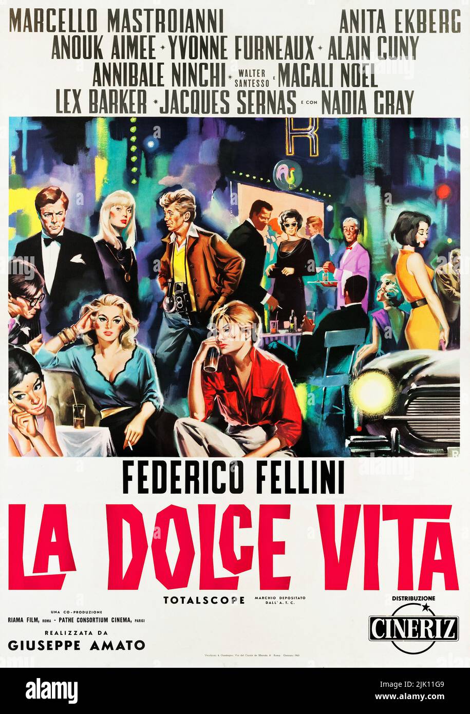 La Dolce Vita  FIlm Poster 1960 , satirical comedy-drama film directed by Federico Fellini starring Marcello Mastroianni and Anita Ekberg Stock Photo