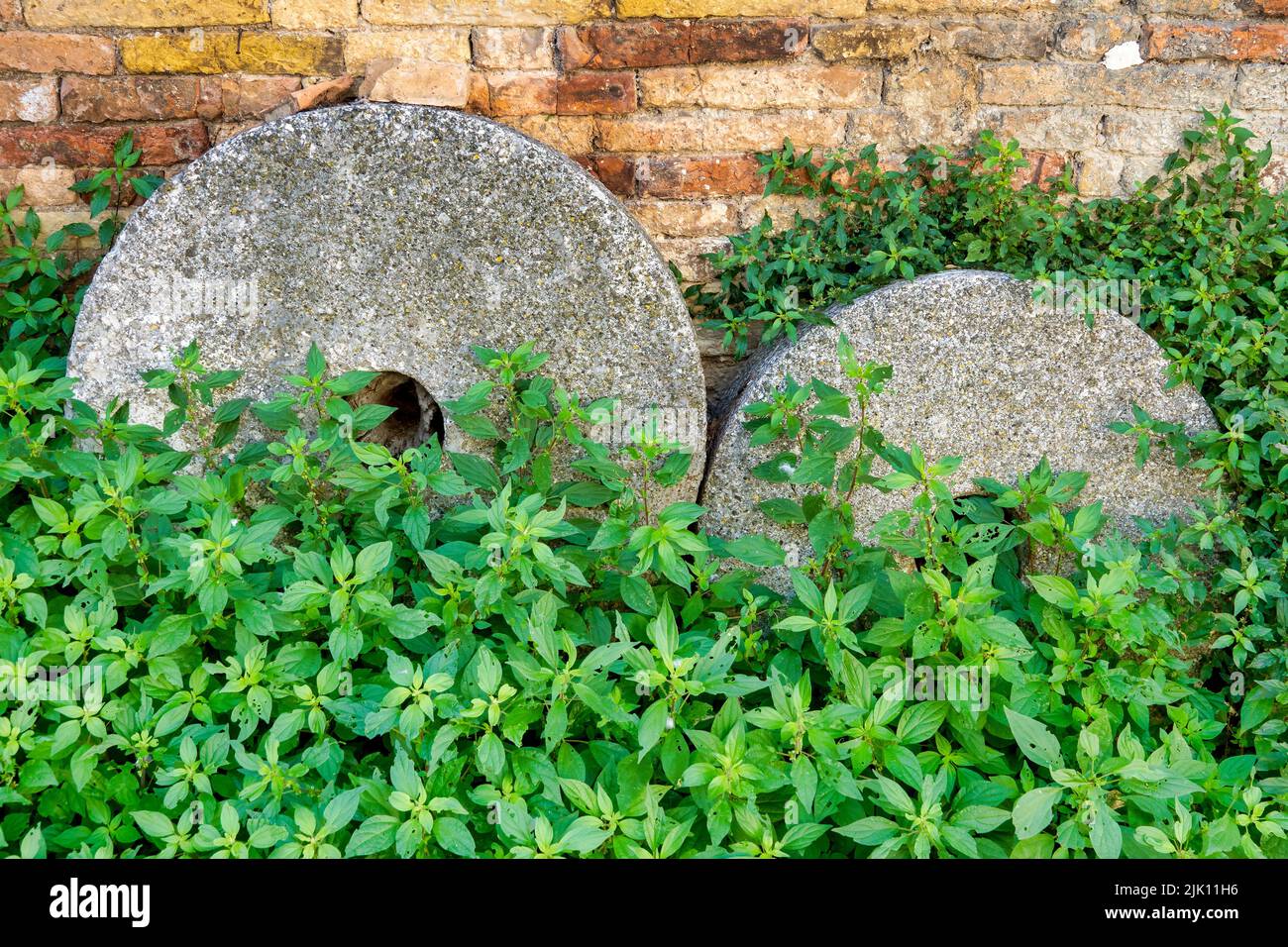 Abandoned millstones in front of the Oil Museum, Loreto Aprutino, Italy Stock Photo
