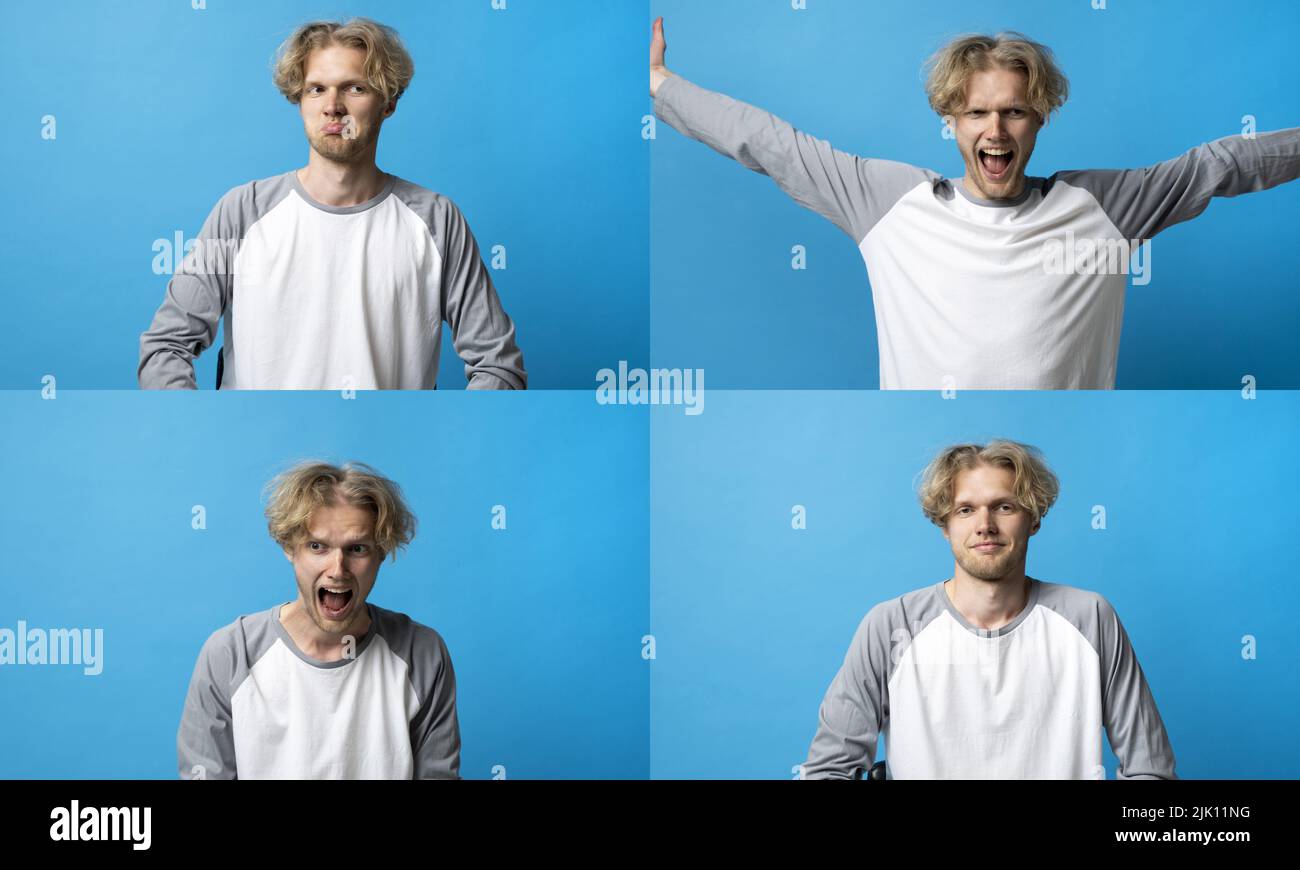 Collage with four different emotions in one young man in long sleeve t-shirt on blue background. Set of young guys portraits with different emotions. Stock Photo