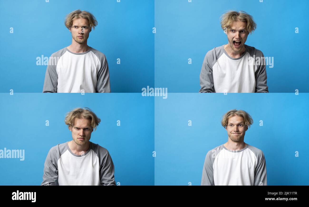 Set of different emotions. Collage with four different emotions in one young man in long sleeve t-shirt on blue background. Stock Photo