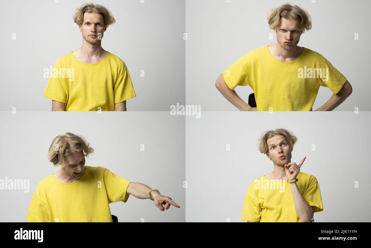 Collage with four different emotions in one young man in yellow t-shirt on white background. Set of young guy's portraits with different emotions. Stock Photo