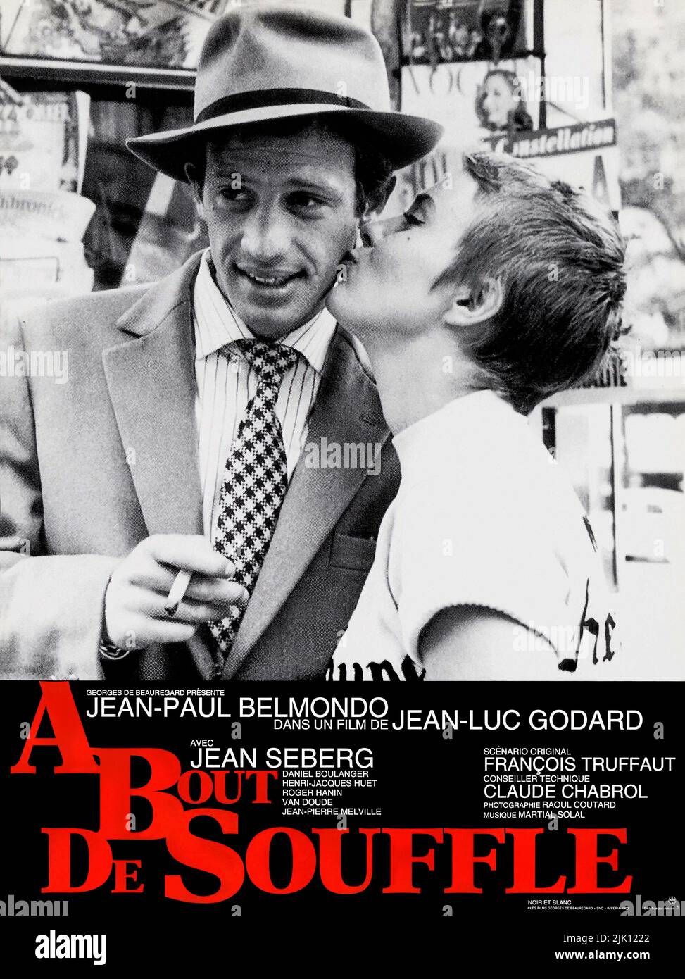 Breathless - Film Poster(French: À bout de souffle, 1960 French crime drama directed by Jean-Luc Godard starring Jean-Paul Belmondo and  Jean Seberg Stock Photo