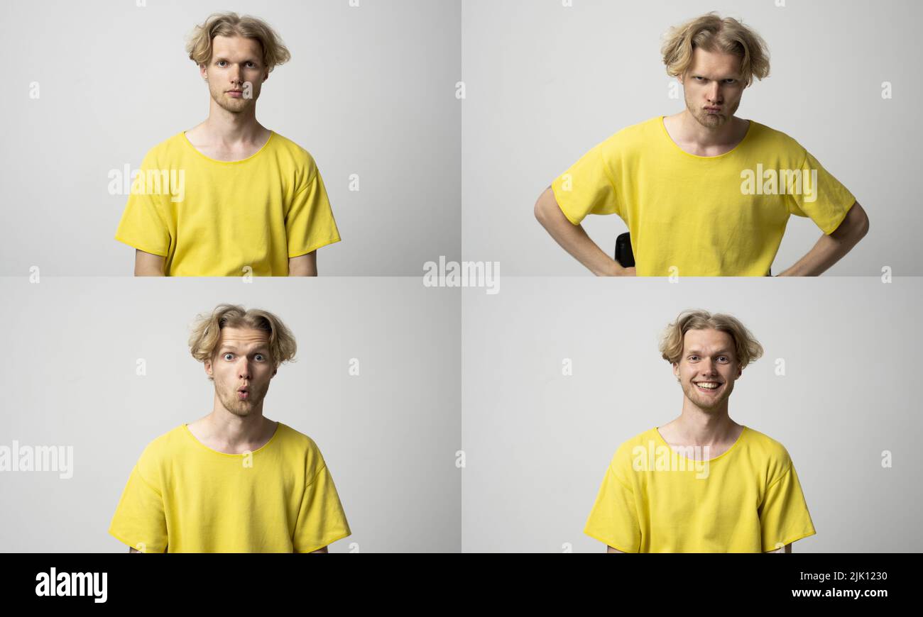 Set of different emotions. Collage with four different emotions in one young man in yellow t-shirt on white background. Stock Photo