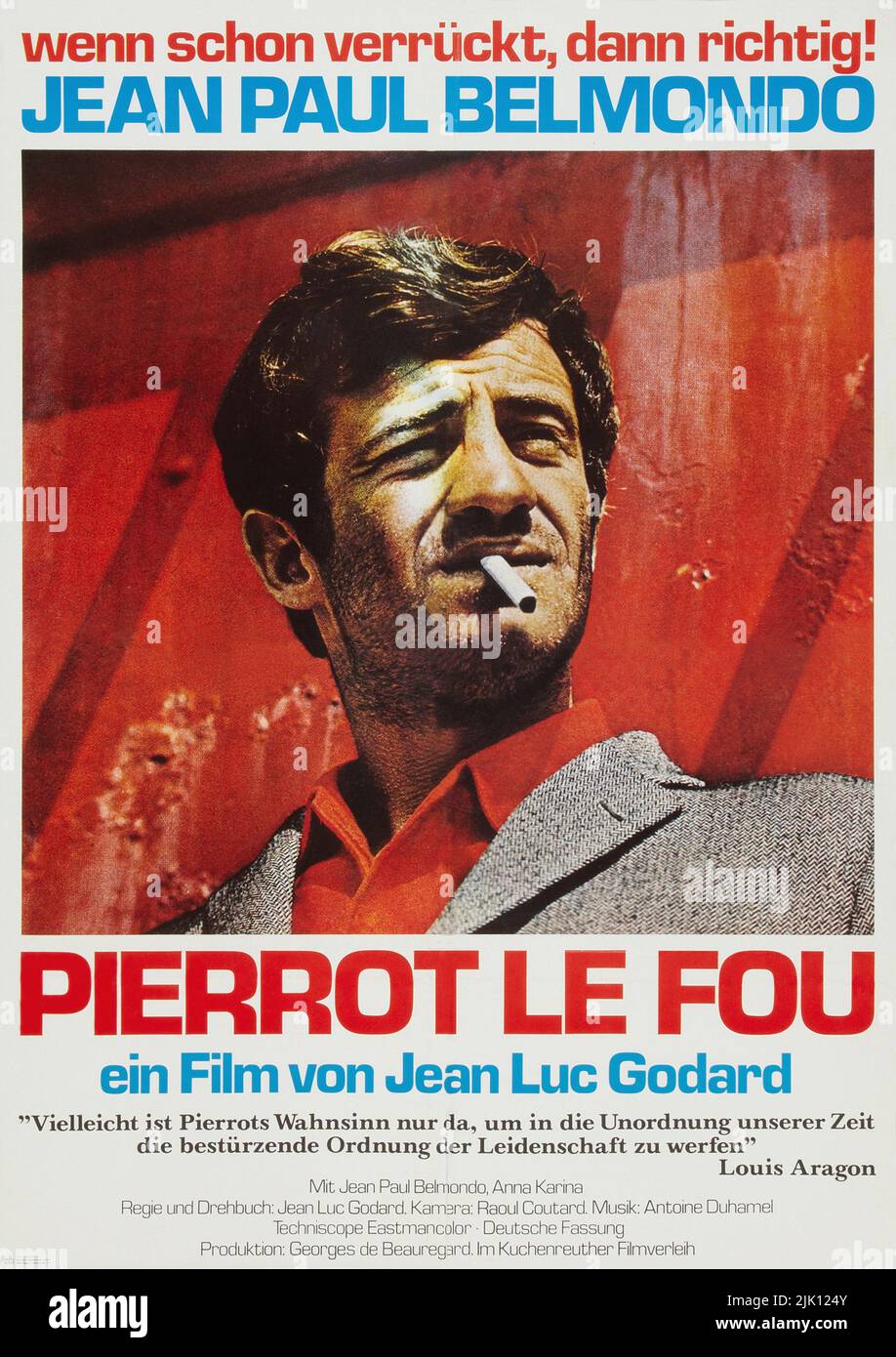 Pierrot le Fou - Film Poster  - 1965 French New Wave film directed by Jean-Luc Godard, starring Jean-Paul Belmondo and Anna Karina Stock Photo