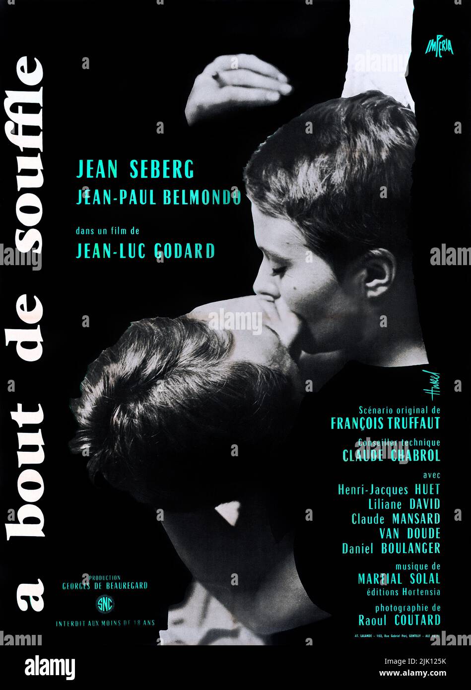 Breathless - Film Poster(French: À bout de souffle, 1960 French crime drama directed by Jean-Luc Godard starring Jean-Paul Belmondo and  Jean Seberg Stock Photo