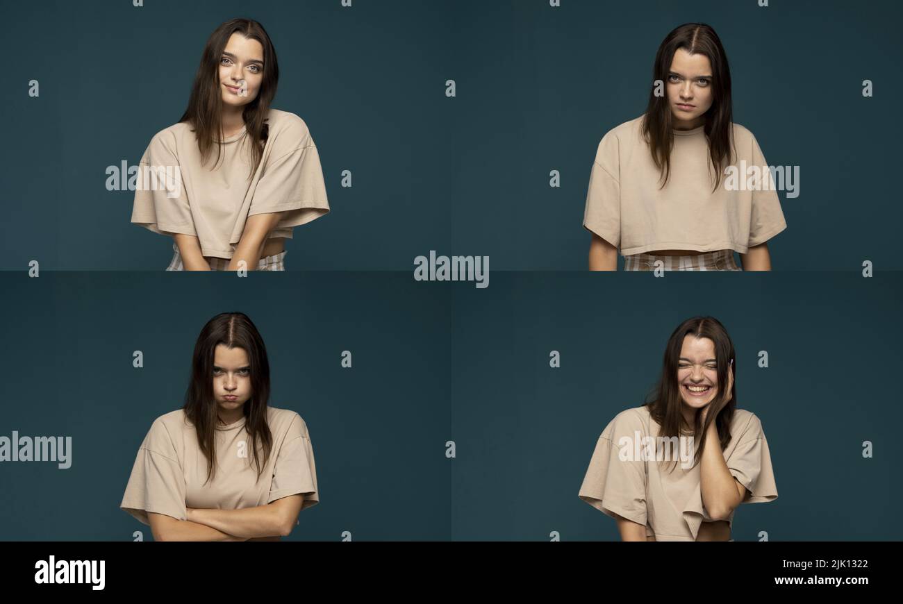 Set of different emotions. Collage with four different emotions in one young brunette woman in beige t-shirt on blue background. Stock Photo