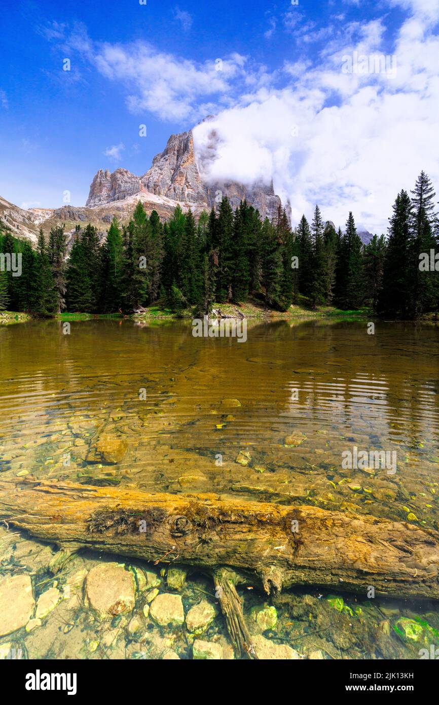 Alpine lake Bai De Dones and woods in spring with Tofana di Rozes in the backdrop, Dolomites, Lagazuoi Pass, Veneto, Italy, Europe Stock Photo