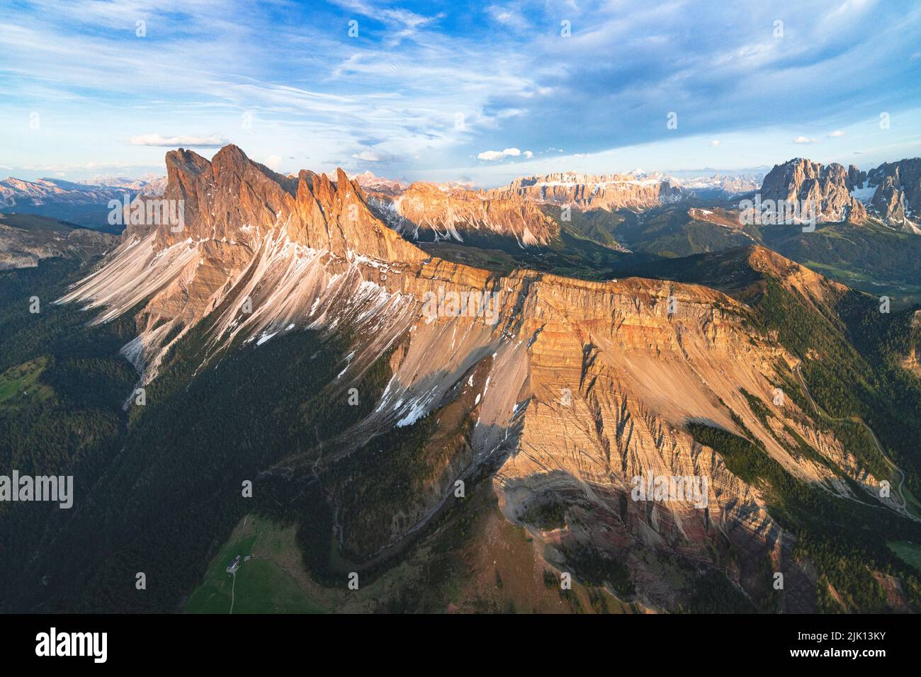 Aerial view of Odle group, Seceda, Sella and Sassolungo at sunset, Dolomites, South Tyrol, Italy, Europe Stock Photo