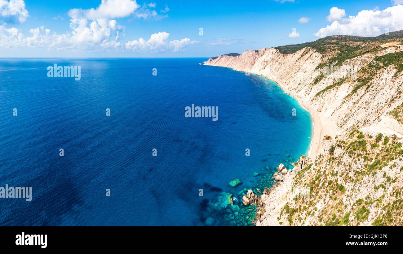 Fine sand of Ammos beach and cliffs washed by the crystal turquoise sea, overhead view, Kefalonia, Ionian Islands, Greek Islands, Greece, Europe Stock Photo