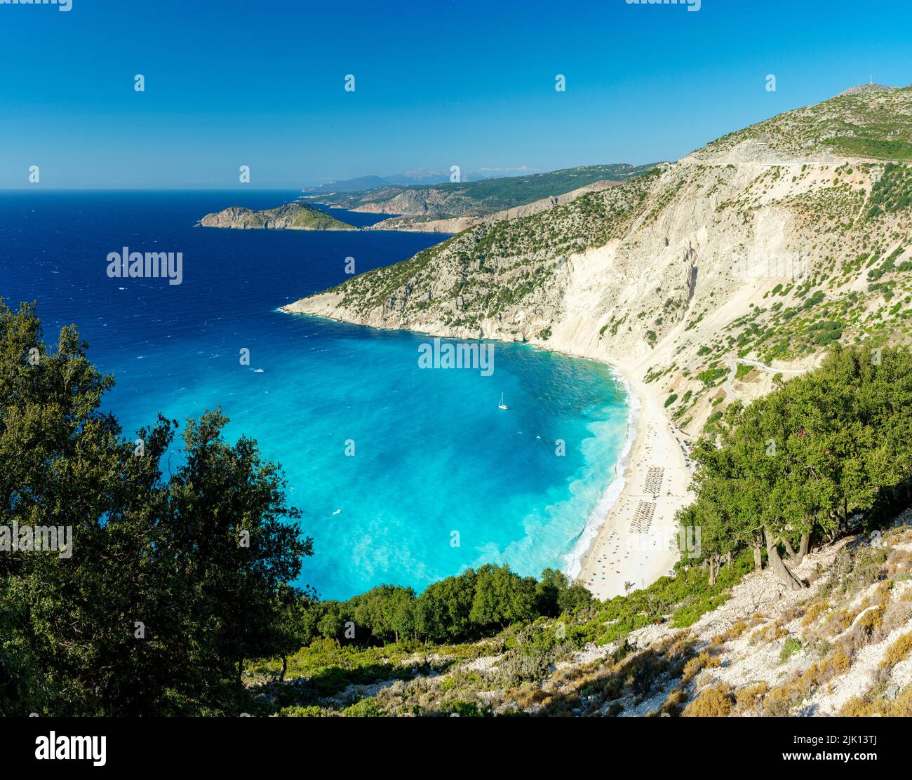 High angle view of the idyllic Myrtos beach washed by waves of crystal sea, Kefalonia, Ionian Islands, Greek Islands, Greece, Europe Stock Photo