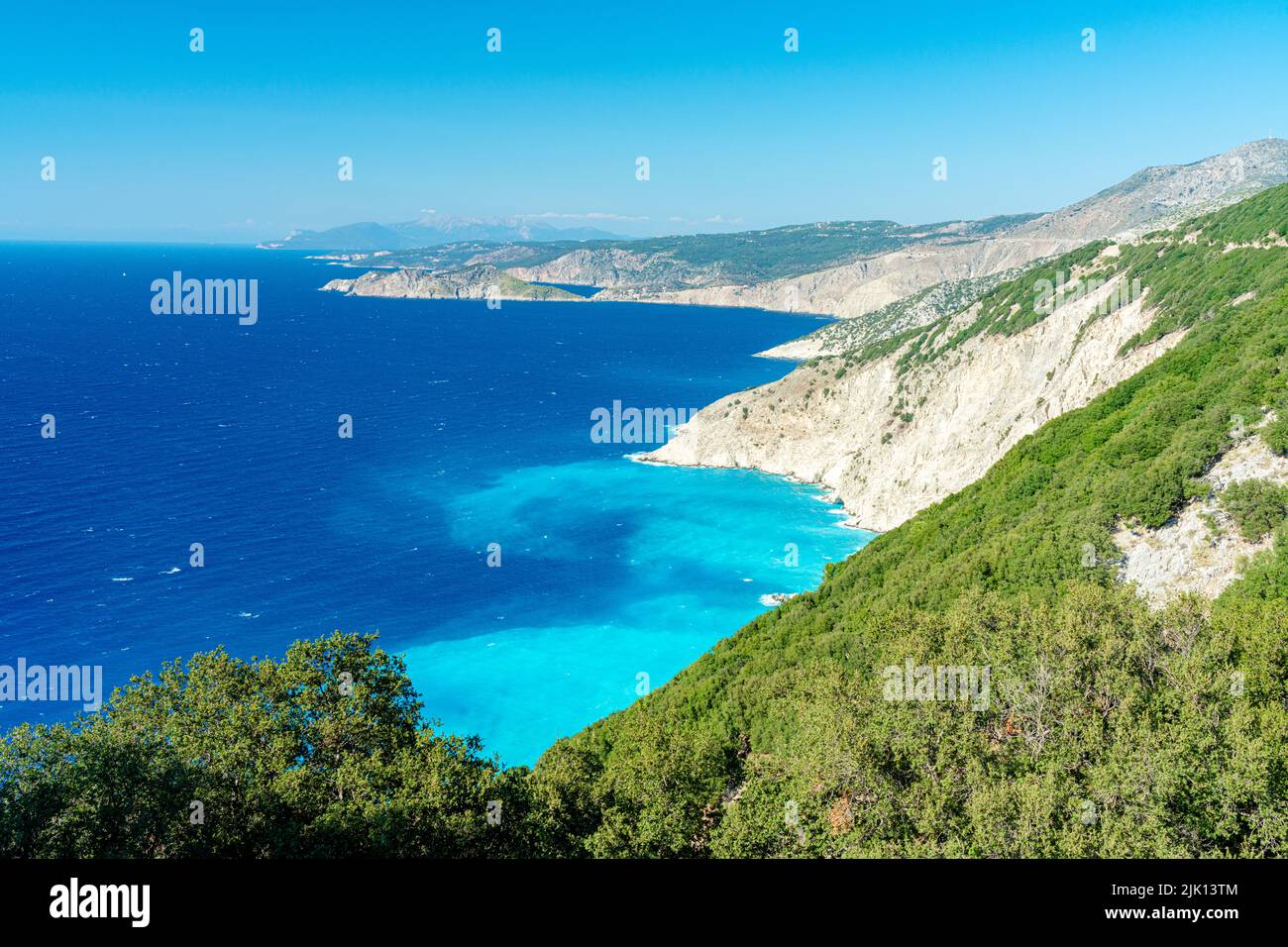 High angle view of Myrtos beach and turquoise sea from coastline, Kefalonia, Ionian Islands, Greek Islands, Greece, Europe Stock Photo