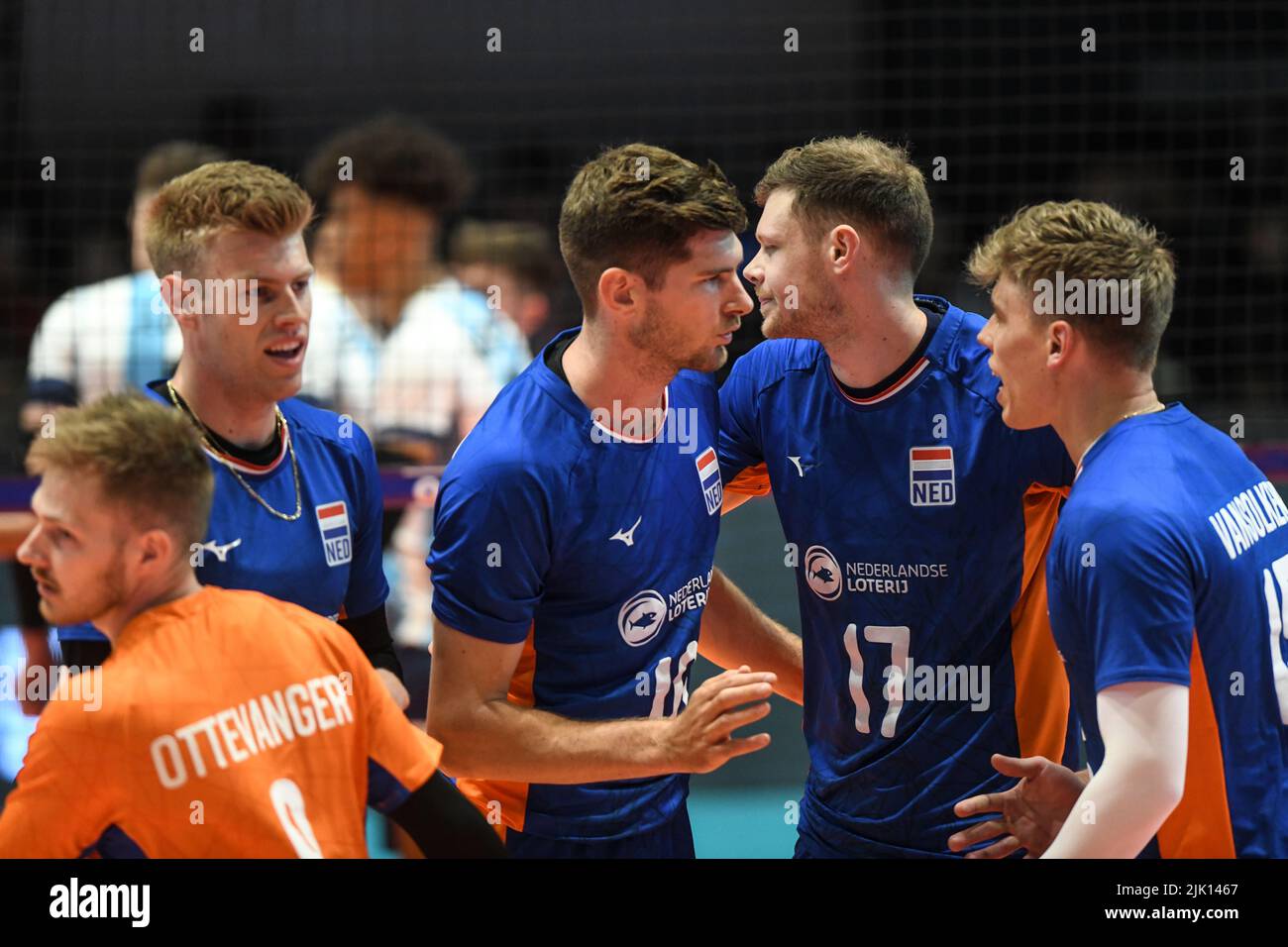 Netherlands National Volleyball team celebrates a point against Argentina. Exhibition game, Buenos Aires. Stock Photo