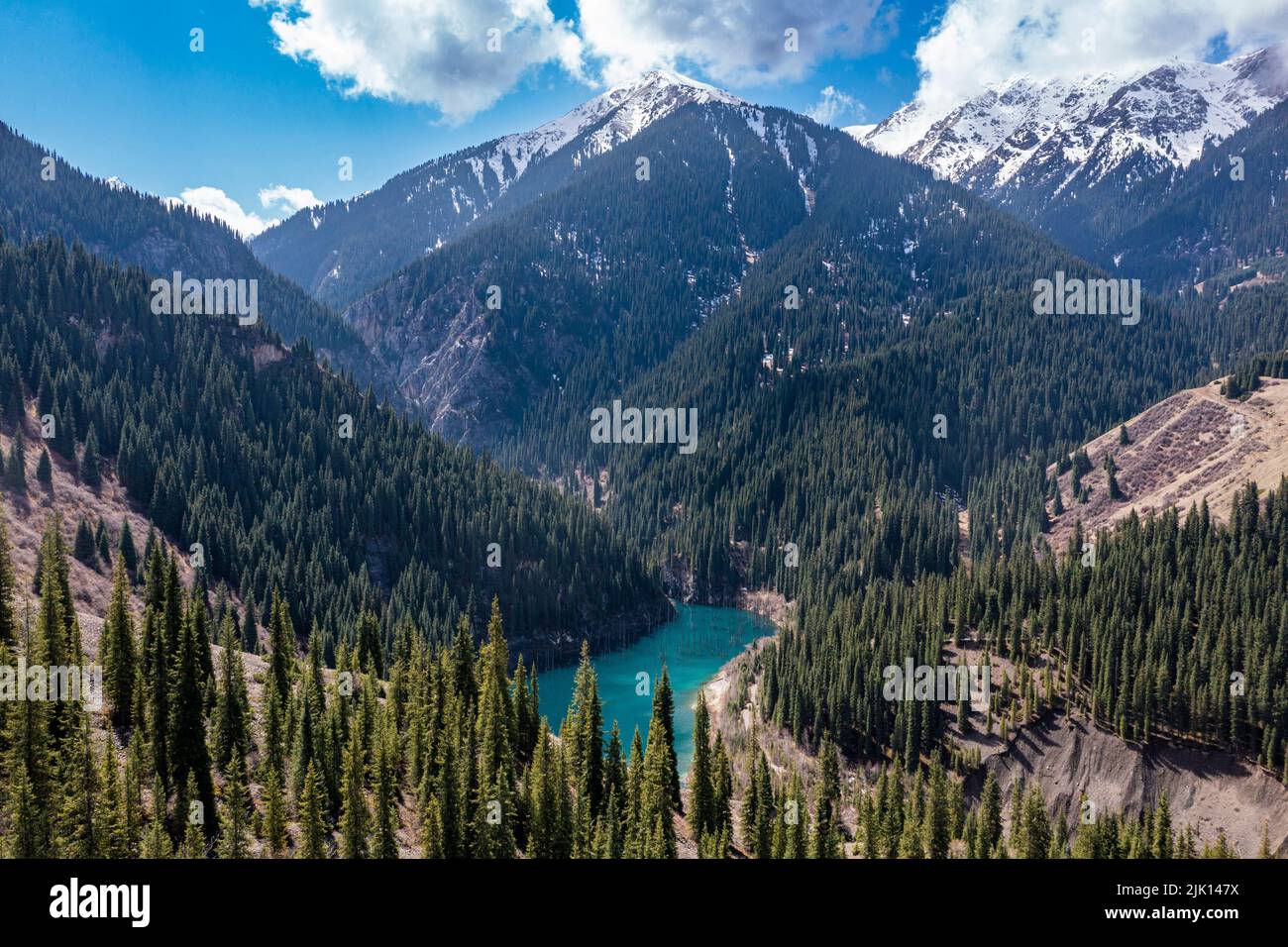 Aerial of the Kaindy Lake with its dead trees, Kolsay Lakes National Park, Tian Shan mountains, Kazakhstan, Central Asia, Asia Stock Photo