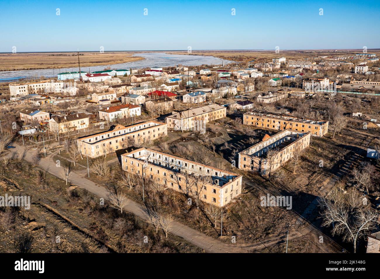 Aerial of collapsed buildings in Kurchatov, fomer headquarters of the Semipalatinsk Polygon, Kazakhstan, Central Asia, Asia Stock Photo