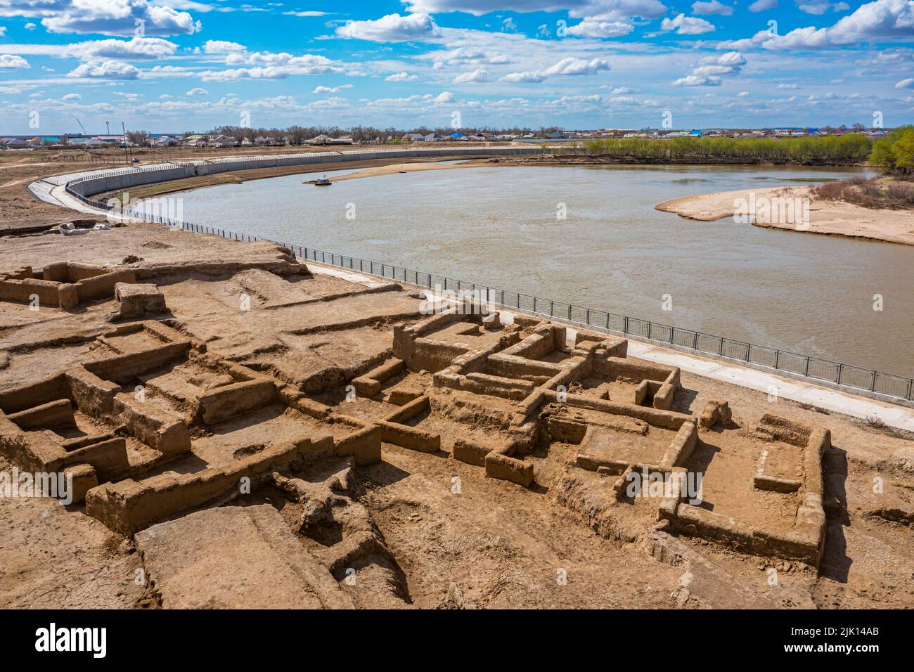 Aerial of Saray-Juk ancient settlement on the Ural Rver, Atyrau, Kazakhstan, Central Asia, Asia Stock Photo