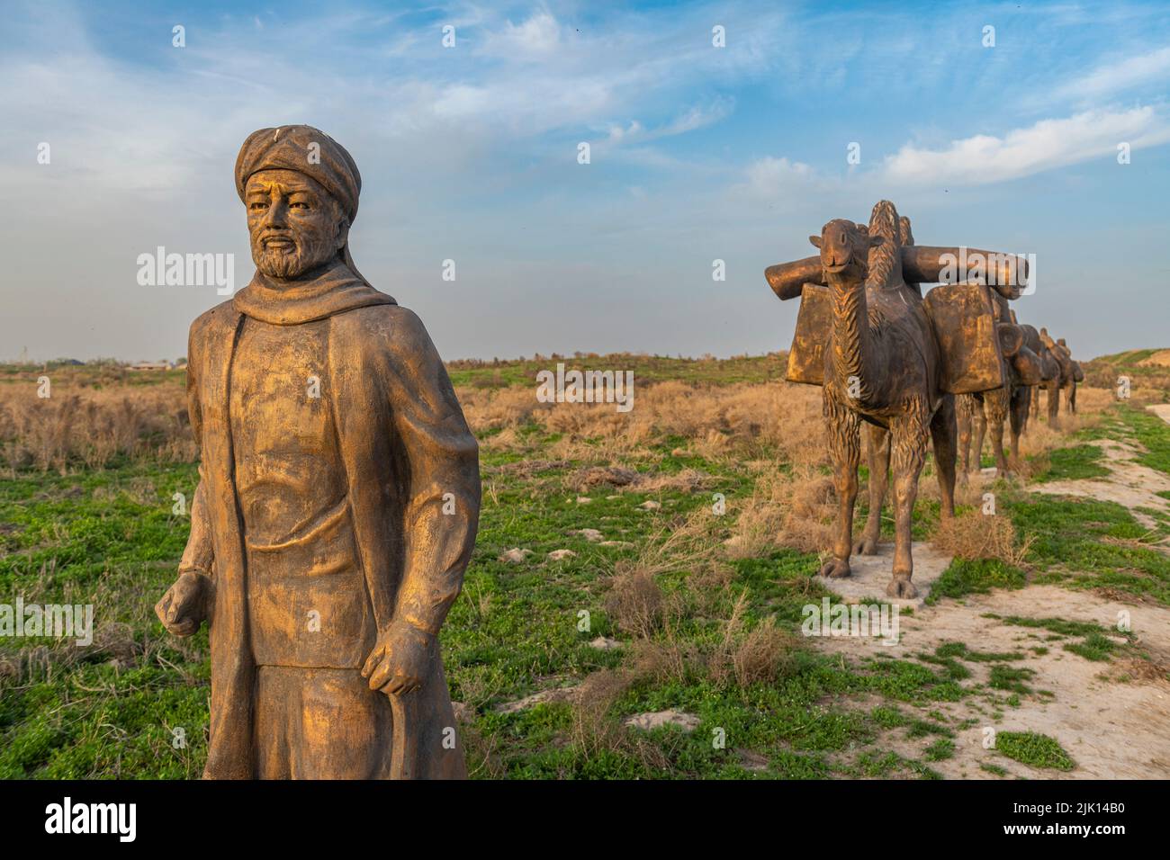 Bronze Camel caravan sculpture, Otrartobe settlement, Turkistan, Kazakhstan, Central Asia, Asia Stock Photo