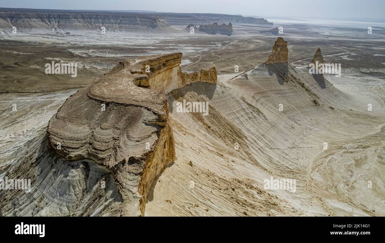 Aerial of Bozzhira Canyon, Ustyurt plateau, Mangystau, Kazakhstan, Central Asia, Asia Stock Photo