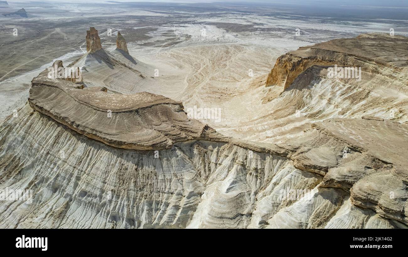 Aerial of Bozzhira Canyon, Ustyurt plateau, Mangystau, Kazakhstan, Central Asia, Asia Stock Photo