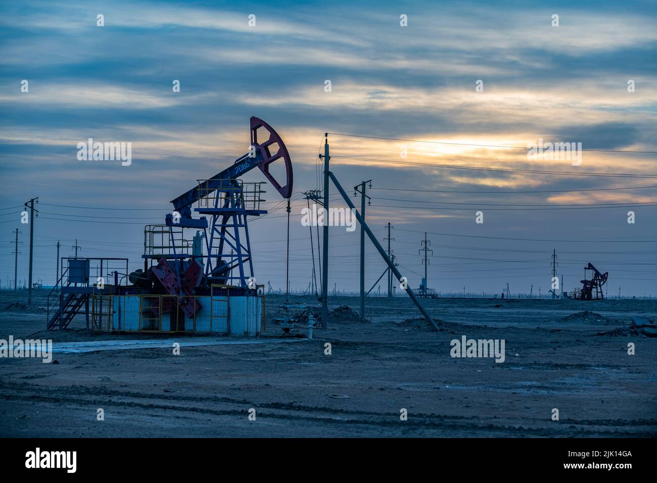 Oil rigs at sunset, Novy Uzen, Mangystau, Kazakhstan, Central Asia ...