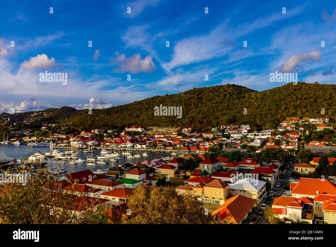 View of homes and port in Gustavia, Saint Barthelemy, Caribbean, Central America Stock Photo