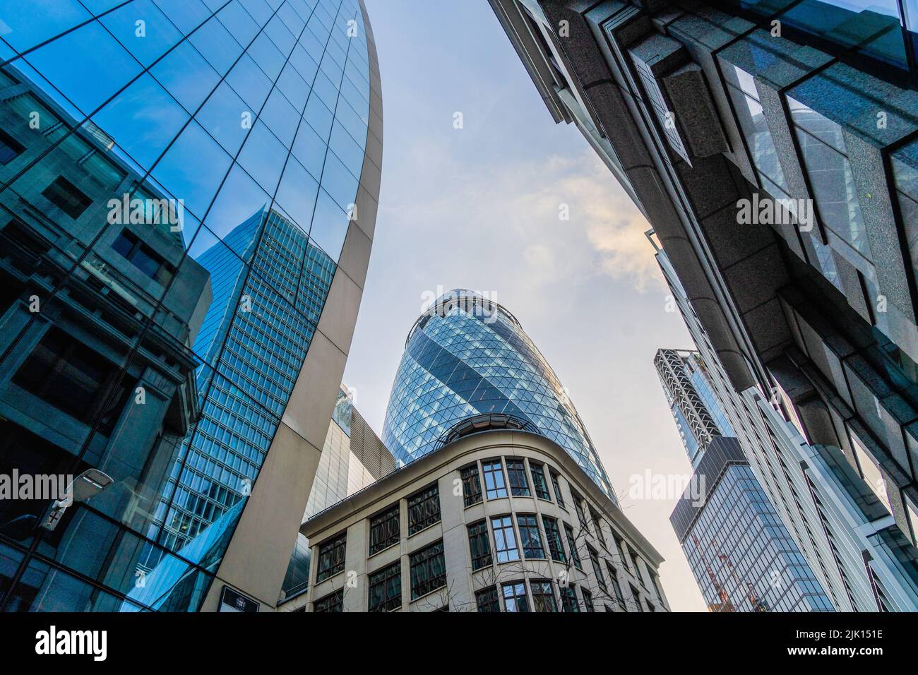 Architectural detail including The Gherkin, City of London, London, England, United Kingdom, Europe Stock Photo