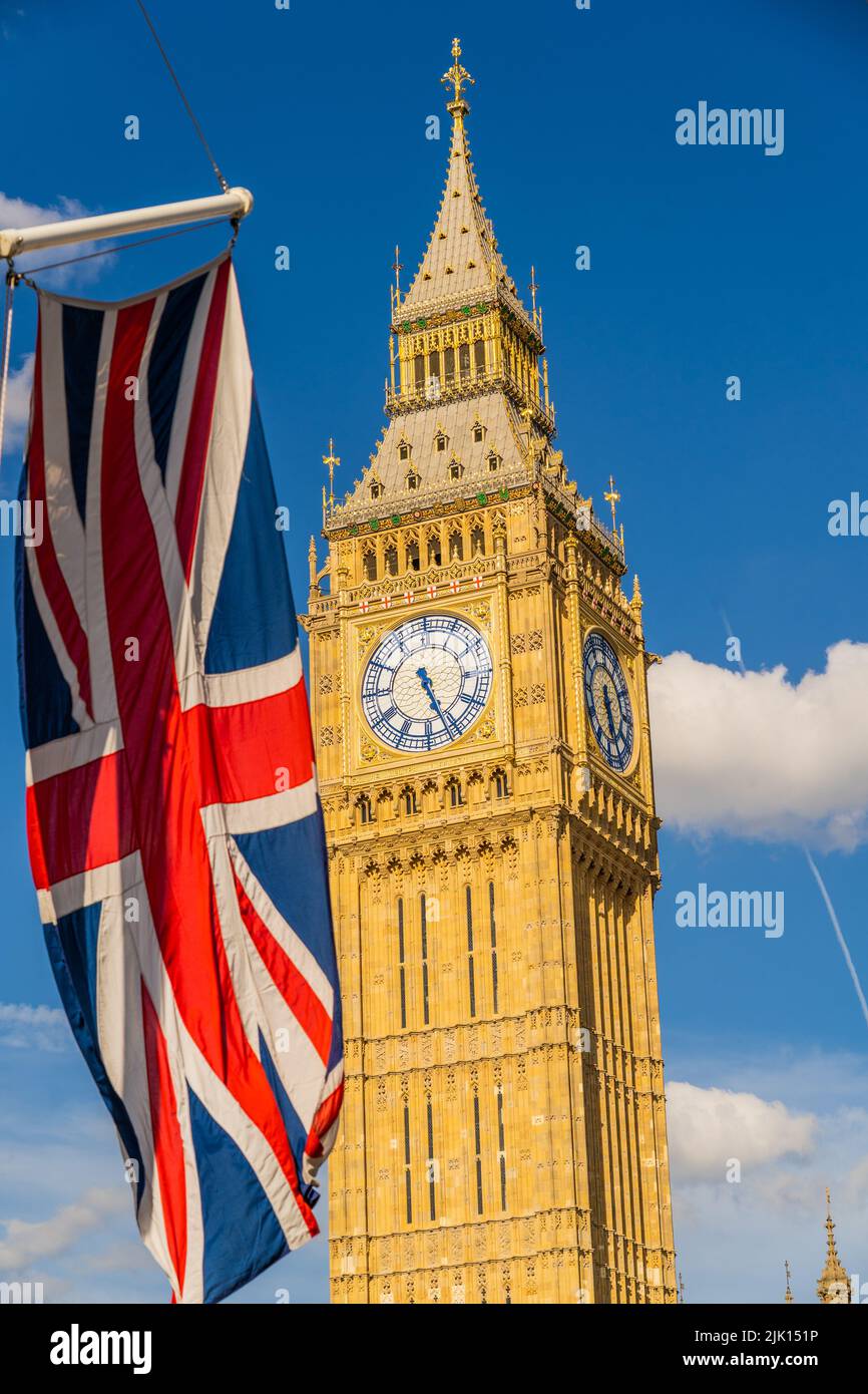 Big Ben and Union flag, UNESCO World Heritage Site, Westminster, London, England, United Kingdom, Europe Stock Photo
