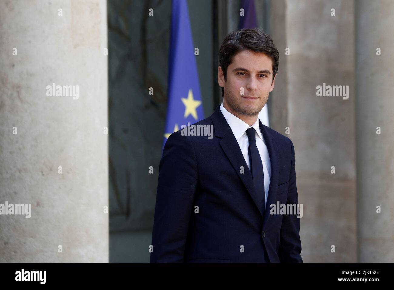 French Junior Minister for Public Accounts Gabriel Attal leaves the Elysee Palace after the weekly cabinet meeting in Paris, France, July 29, 2022. REUTERS/Benoit Tessier Stock Photo