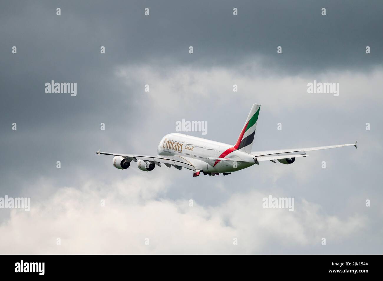 Emirates A380 after take off from Manchester Airport, Manchester, England, United Kingdom, Europe Stock Photo