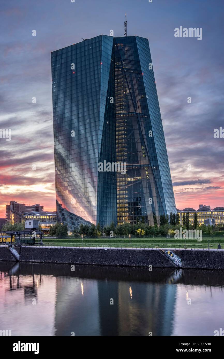 The new European Central Bank skyscraper building at sunset, Frankfurt, Hesse, Germany, Europe Stock Photo