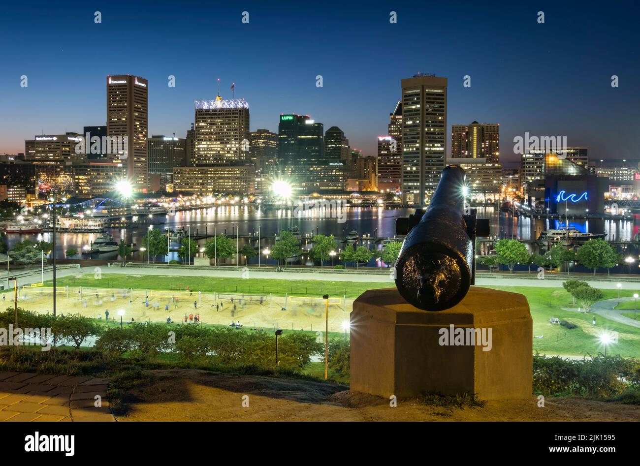 Baltimore city skyline and Inner Harbour at night from Federal Hill Park, Baltimore, Maryland, United States of America, North America Stock Photo