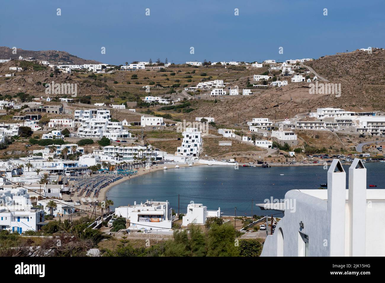 The bay at Ornos beach from hillside, Mykonos, The Cyclades, Aegean Sea, Greek Islands, Greece, Europe Stock Photo