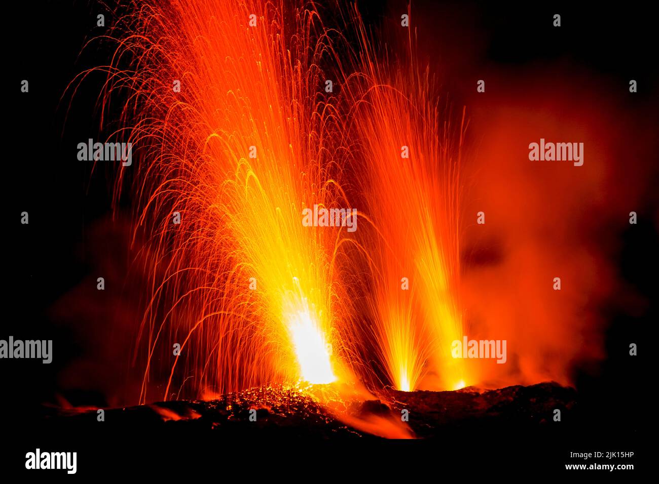 Lava bombs erupt from multiple vents on volcano, active for at least 2000 years, Stromboli, Aeolian Islands, UNESCO World Heritage Site, Sicily, Italy Stock Photo