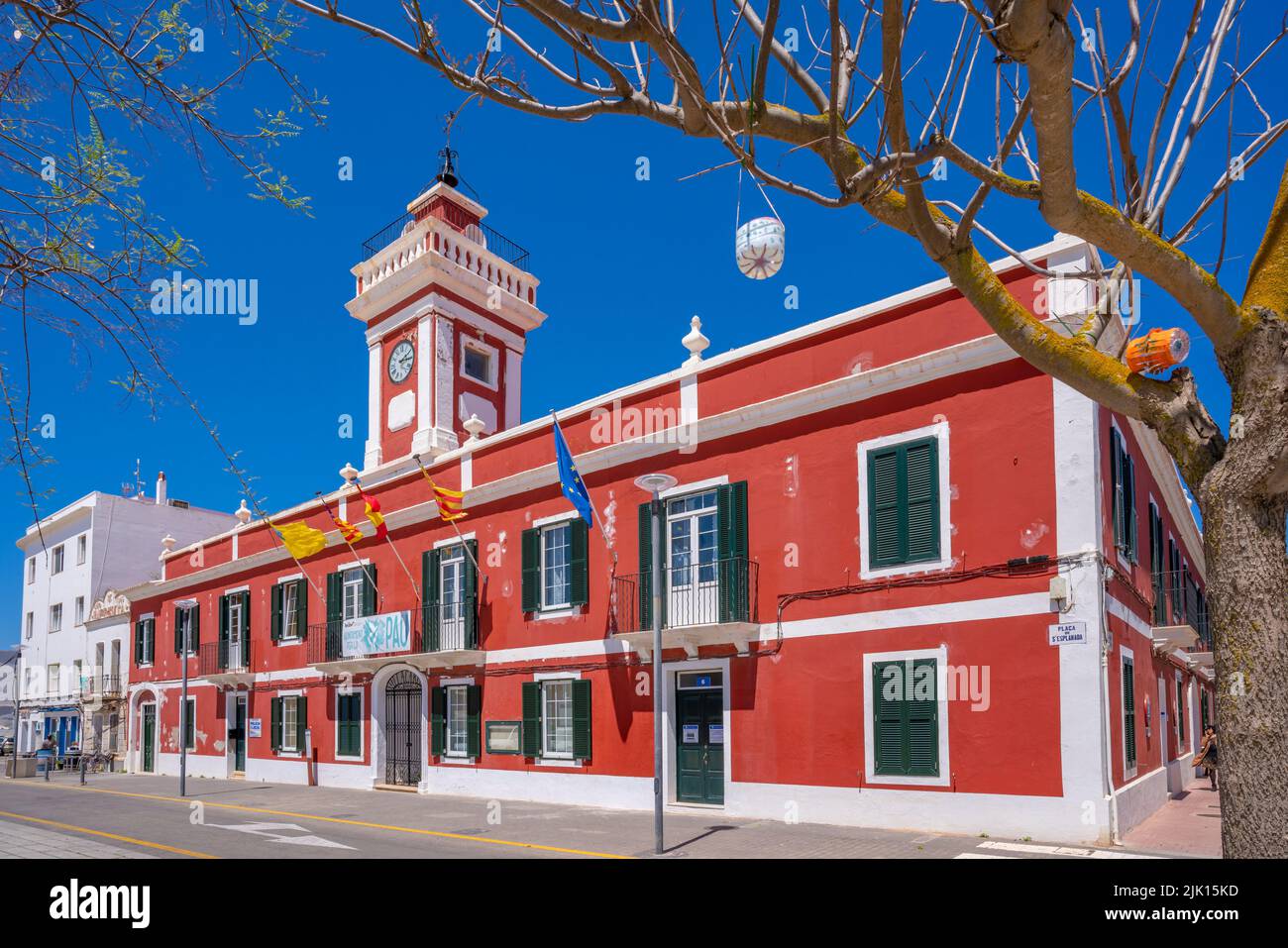 View of colourful archiecture in Placa de S'Esplanada against blue sky, Cales Fonts, Menorca, Balearic Islands, Spain, Mediterranean, Europe Stock Photo