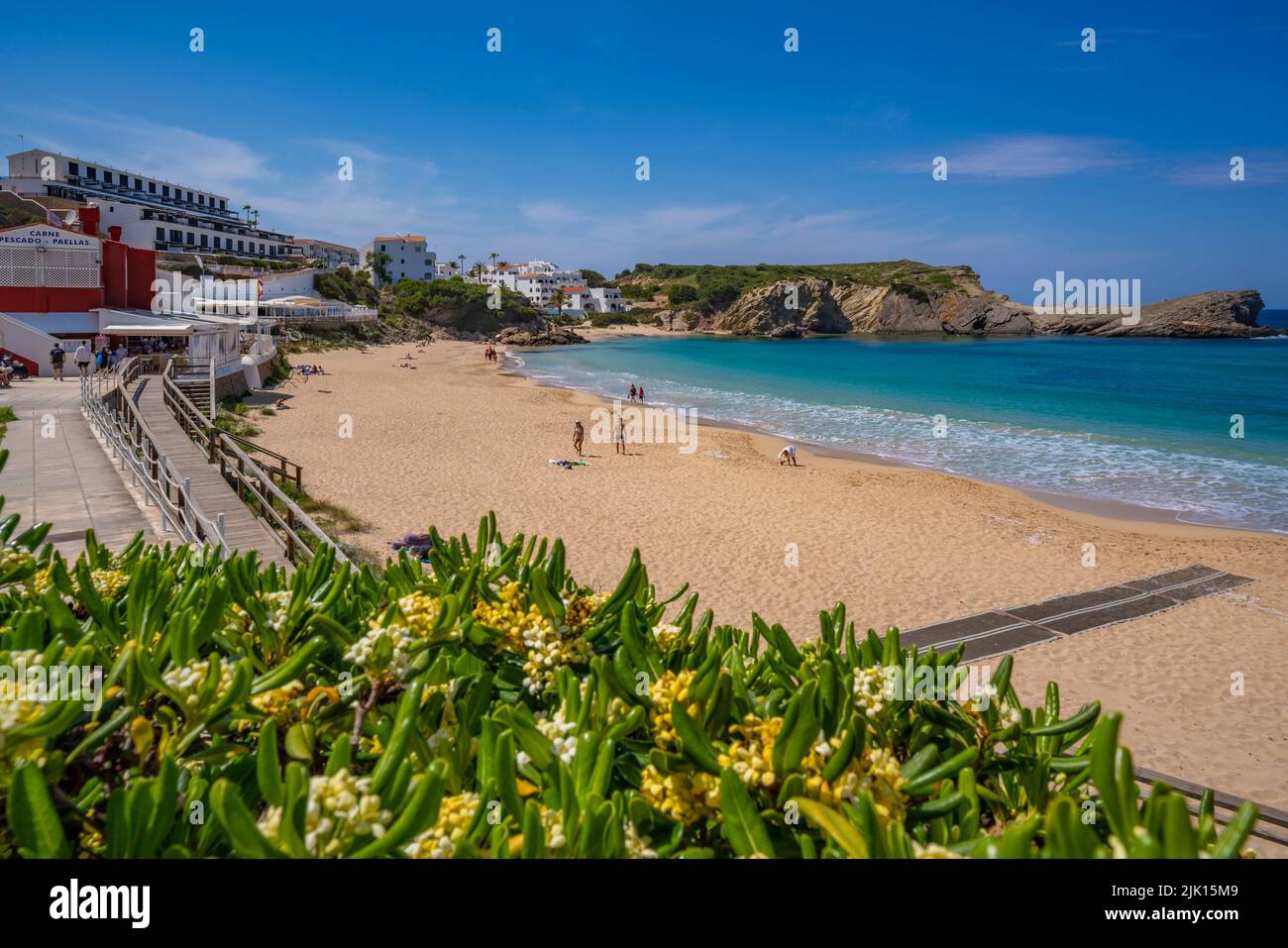 View of beach from elevated position in Arenal d'en Castell, Es Mercadal, Menorca, Balearic Islands, Spain, Mediterranean, Europe Stock Photo