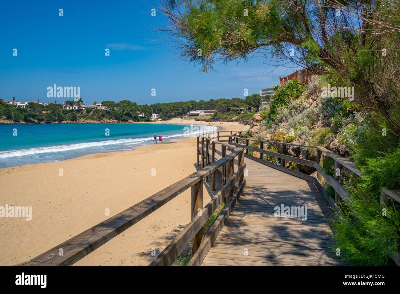 View of beach and boardwalk in Arenal d'en Castell, Es Mercadal, Menorca, Balearic Islands, Spain, Mediterranean, Europe Stock Photo