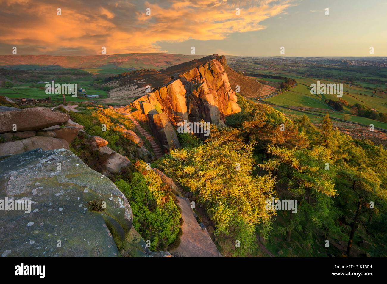 A sunset view of Hen Cloud, The Roaches, Peak District, Staffordshire, England, United Kingdom, Europe Stock Photo