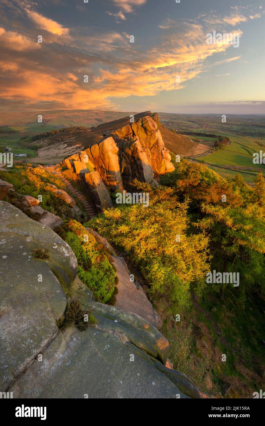 Sunset view of Hen Cloud, The Roaches, Peak District, Staffordshire, England, United Kingdom, Europe Stock Photo