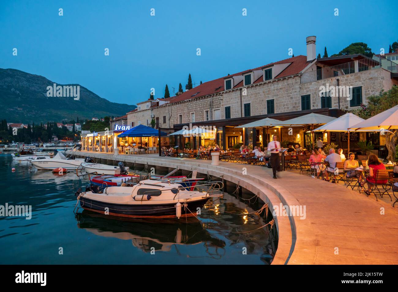 Restaurants on the waterfront, Cavtat on the Adriatic Sea, Cavtat, Dubrovnik Riviera, Croatia, Europe Stock Photo
