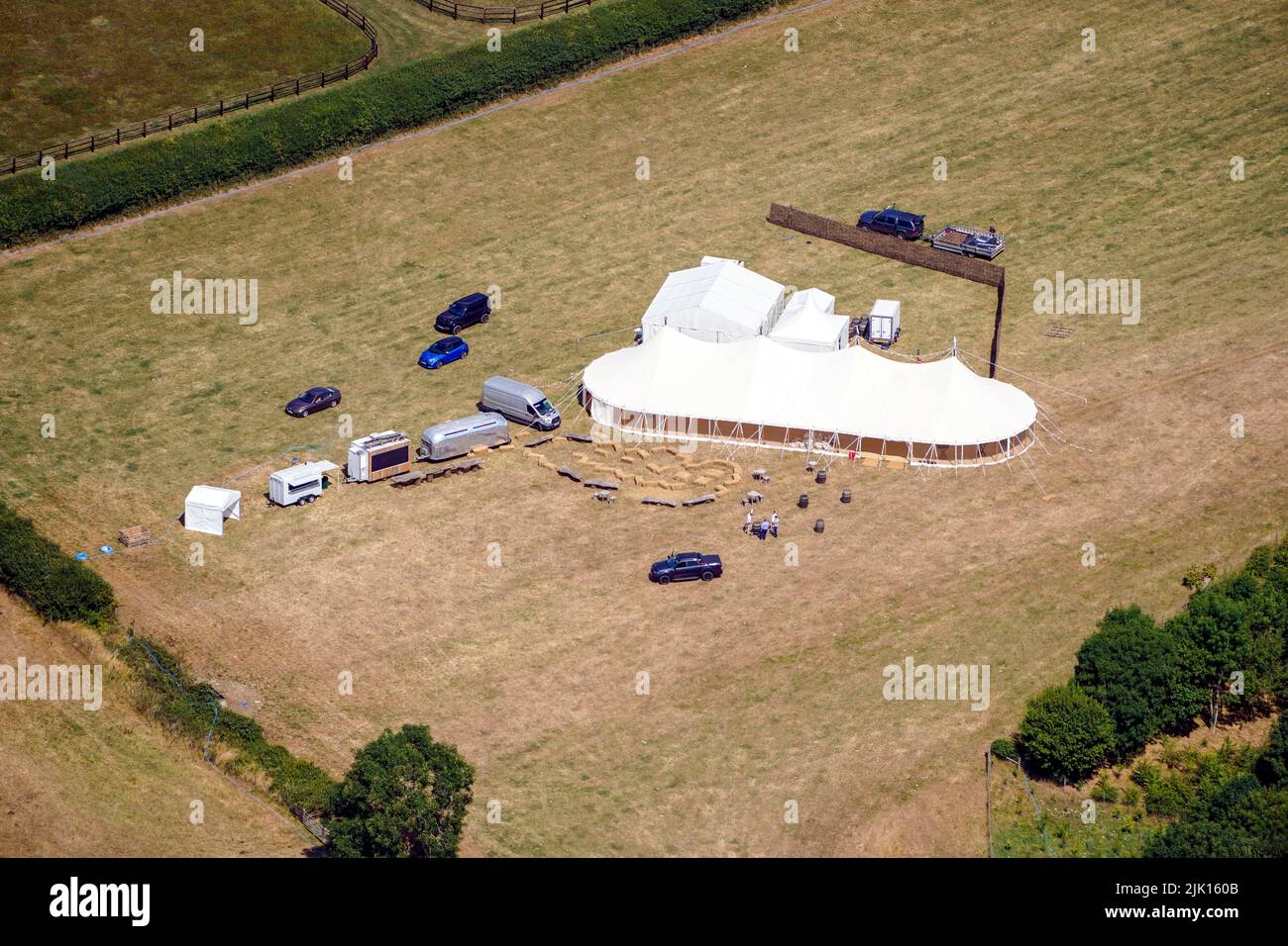 A marquee is erected on the grounds of Daylesford House, Gloucestershire, the location of a first wedding anniversary party being thrown by Prime Minister Boris Johnson and his wife Carrie for friends and family. Picture date: Friday July 29, 2022. Stock Photo