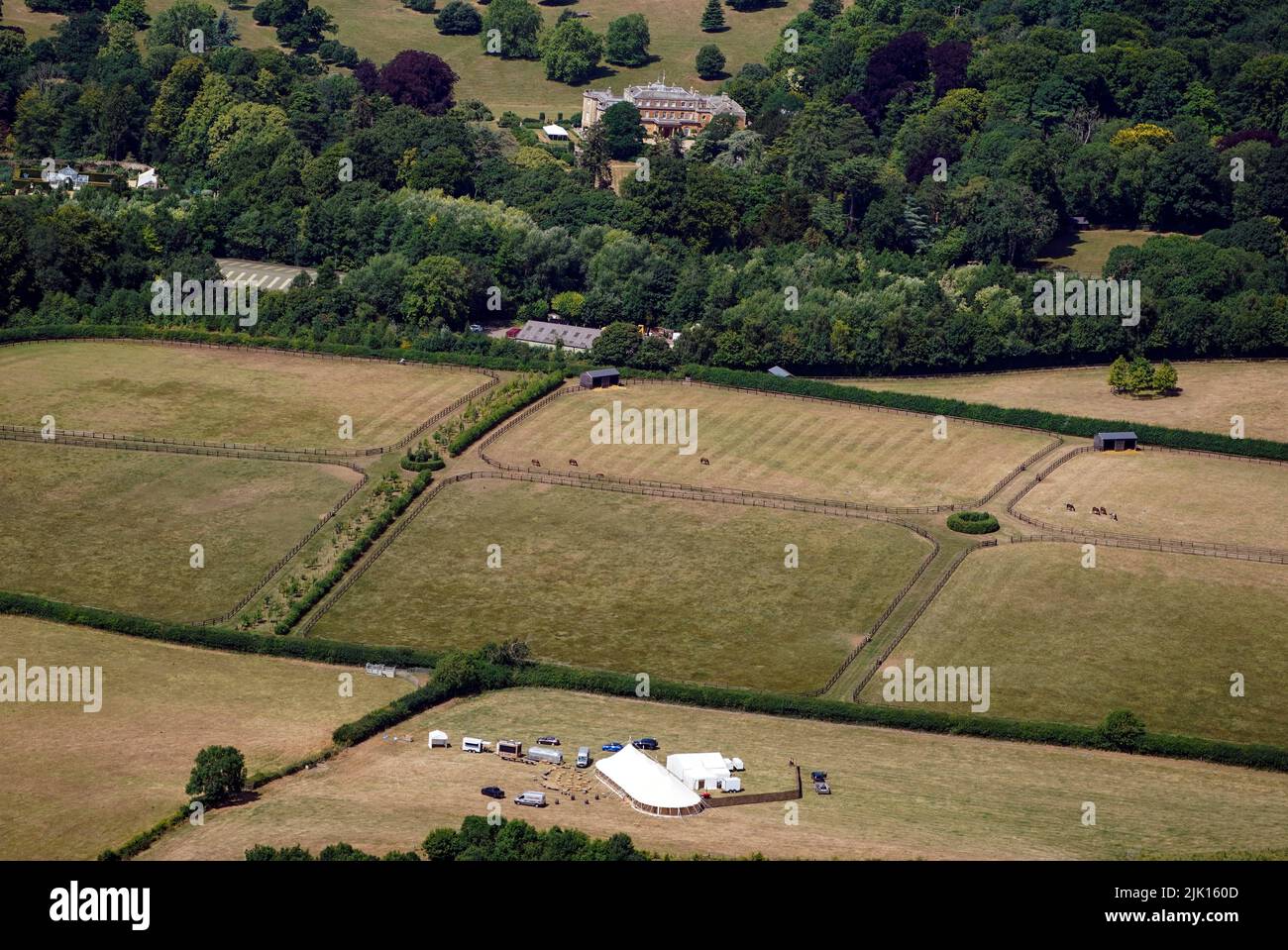 A marquee is erected on the grounds of Daylesford House, Gloucestershire, the location of a first wedding anniversary party being thrown by Prime Minister Boris Johnson and his wife Carrie for friends and family. Picture date: Friday July 29, 2022. Stock Photo